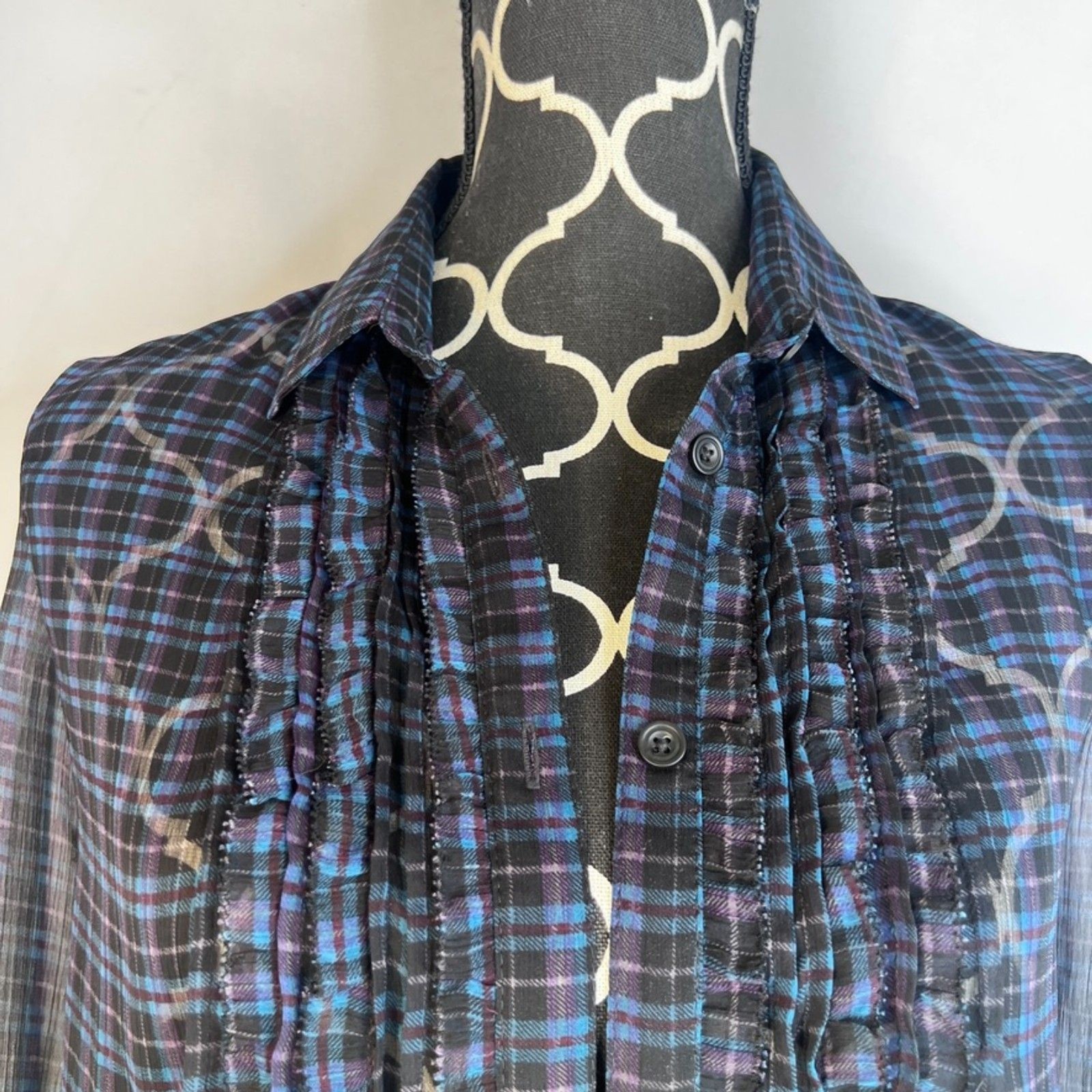 American Eagle Plaid Sheer Button Front Ruffle Tr… - image 3