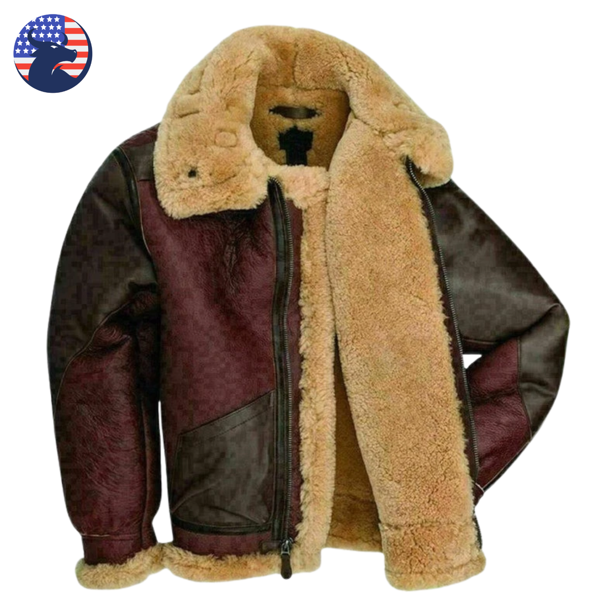 Mens Maroon RAF Aviator Fur Shearling Real Sheepskin Brown Bomber
