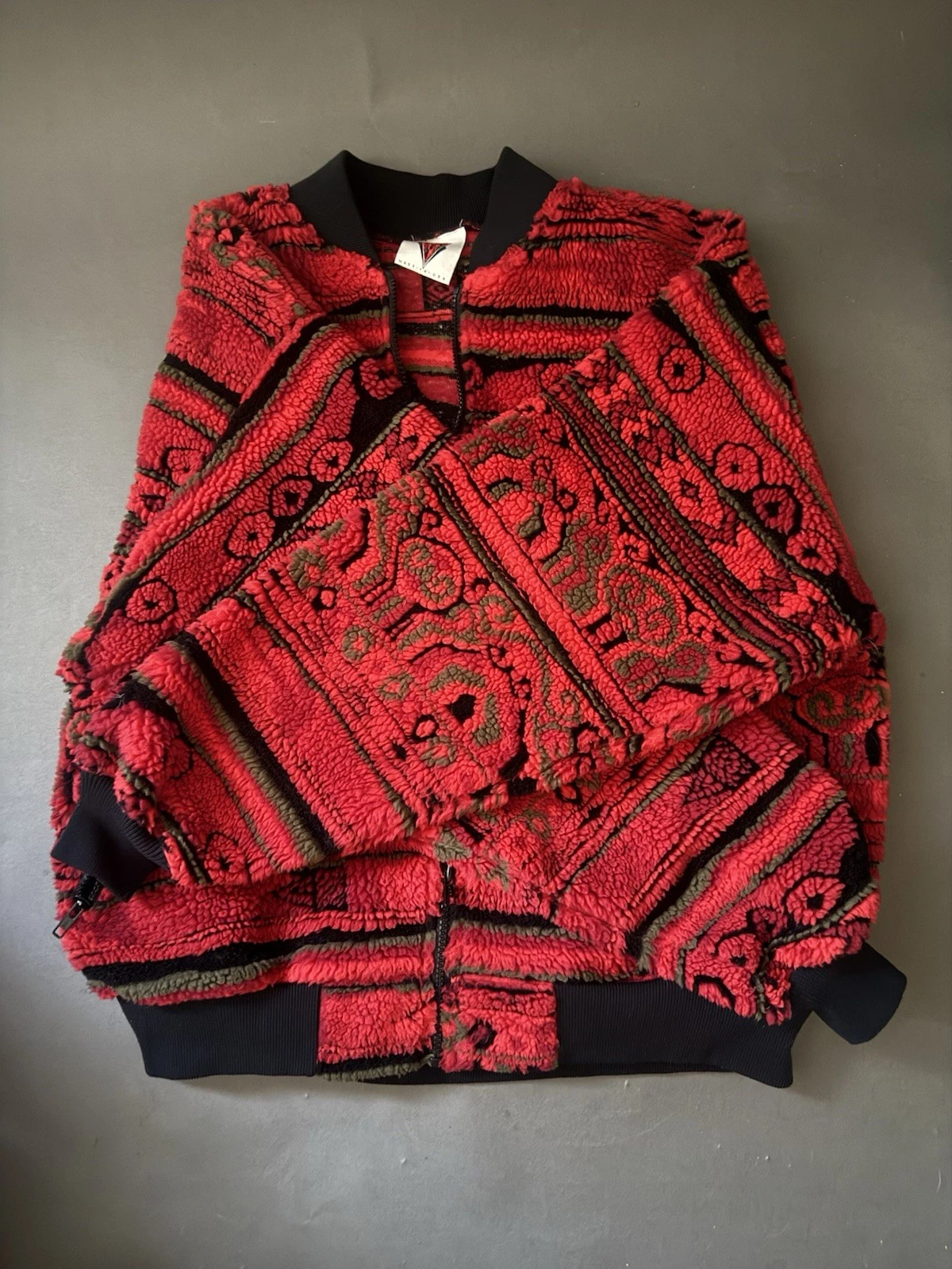 Vintage 90s Spyder Mens Deep Pile Red Aztec Fleece Full Zip Jacket Size Med
