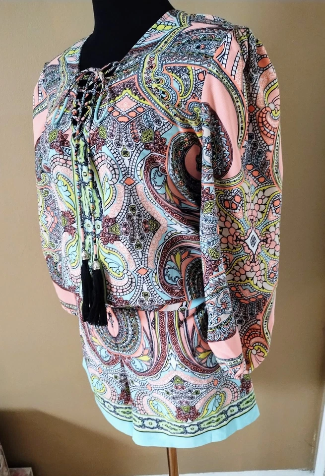 Lindo Chic Bisou Bisou Paisley Multi Pasteles Boho Mameluco Mangas Globo EE. UU. Talla XL Foto 3 de 4