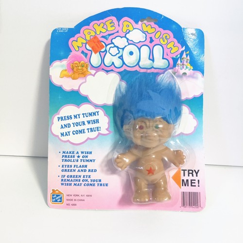 Make A Wish Troll Doll Blue Hair Squeeze Belly New in Package NIP Vintage 1990s - Picture 2 of 3