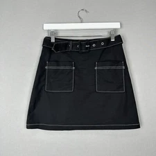 Maje Womens Skirt 38 Black Cotton Jombi Jupe Top Contrast Stitched Belted Mini