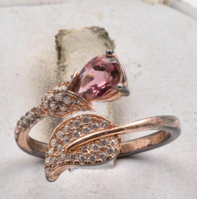STAUER Ring Rotgoldplatte/Sterlingsilber rosa Stein & CZ Tulpe Blume Blatt s7