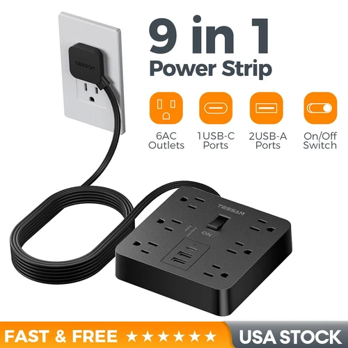 Flat Plug Power Strip with 6 Outlet Long Extension Cord USB Port Surge Protector