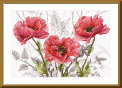 Set for embroidery with threads and beads Poppies flowers cross ctitch kit 1097