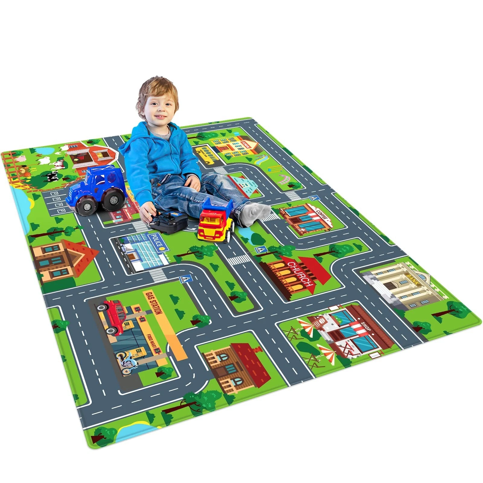 Kids City Map Playmat, Extra Large Boys, 78.7X59 Inch, Multicolored