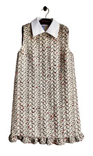 Prada -Tweed Dress- Beige Gold + White Shirt Collar Mini A-Line S-M IT42/ UK10