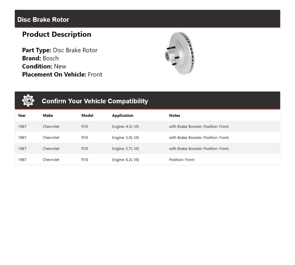Rotor de freno de disco delantero QuietCast Bosch 1987 Chevrolet R10 Foto 2 de 4