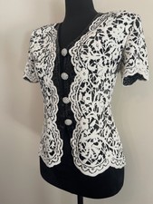 St. John Marie Gray Evening Blazer 2 Black White Scalloped Edging Floral Knit