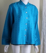 Chico's 2 L Vivid Turquoise Asian Art Characters Silk Jacket Blazer Beautiful