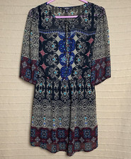 BeBop Dress Womens Black Blue Red Medium Elastic Waist Tie Neck Tunic Festival
