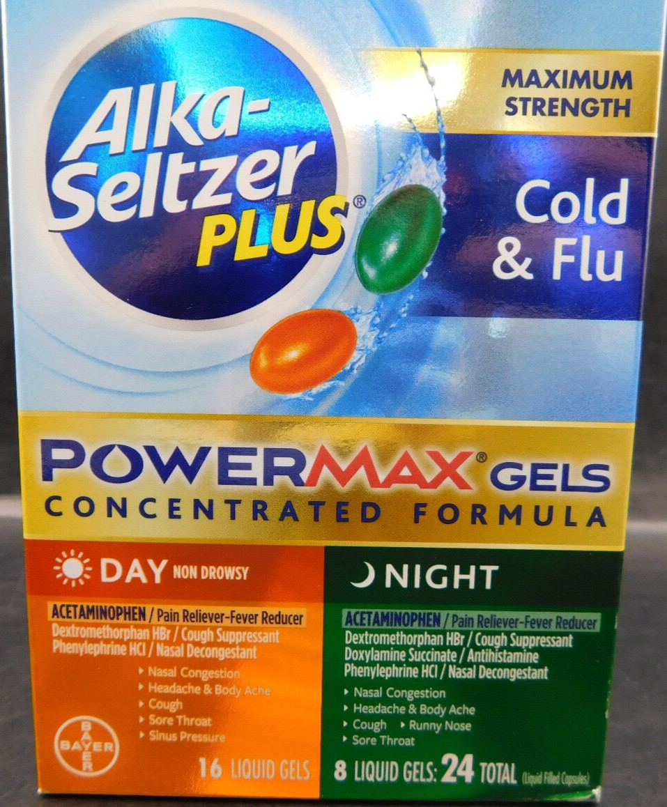 4 Pk Alka Seltzer Plus Cold & Flu Powermax Gels Day & Night 24ct Ea Exp: 12/25+
