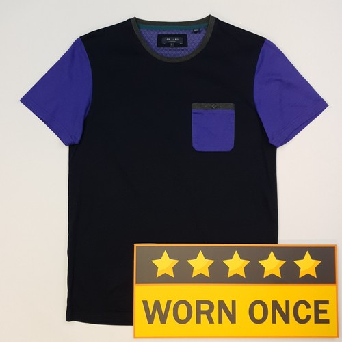 Ted Baker T-Shirt Pocket Size 3 SMALL Black Purple Mens Regular Cotton 100% - Picture 2 of 13