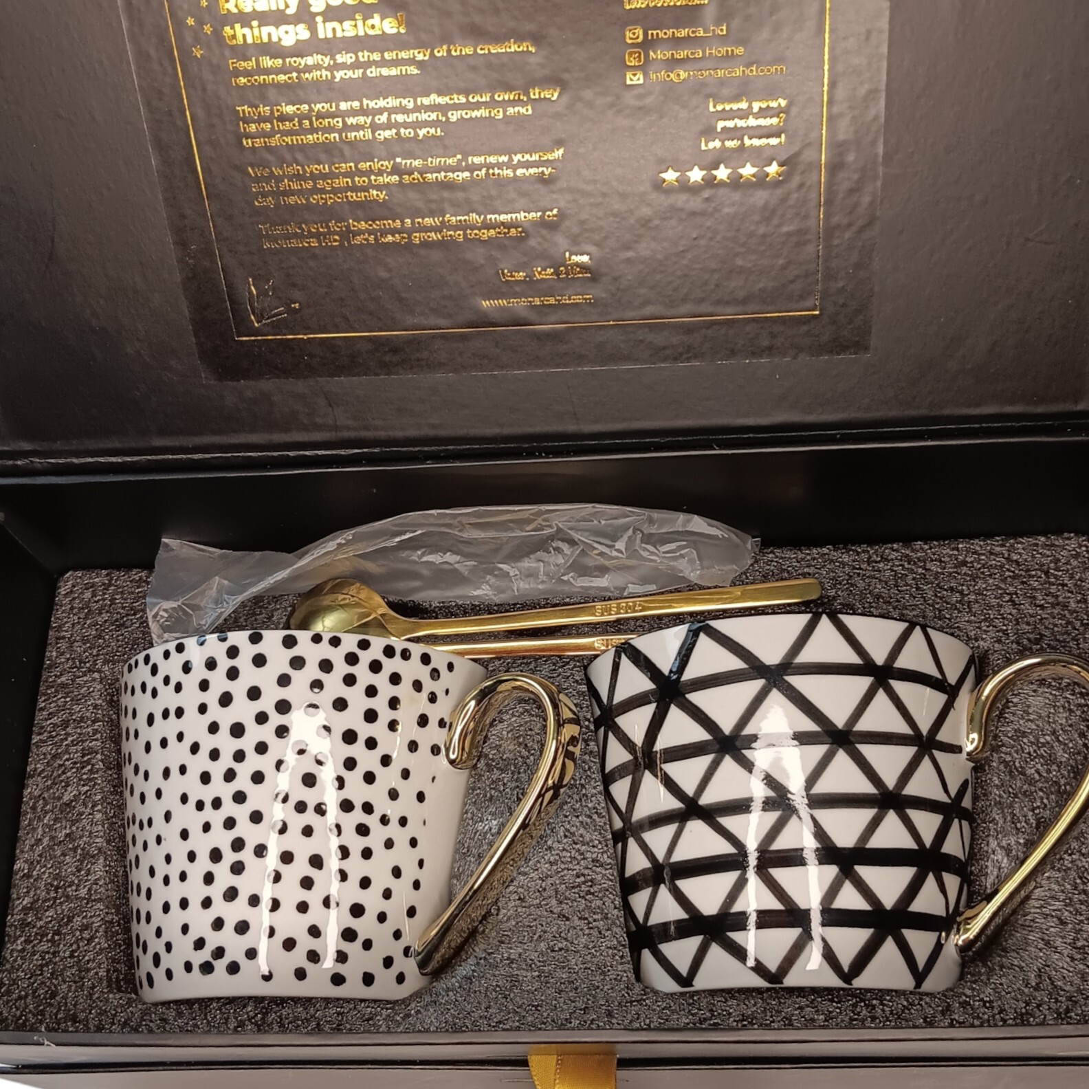 Monarca Black White Gold Mug Set Coffee Tea Cups Gold Spoons New In Box