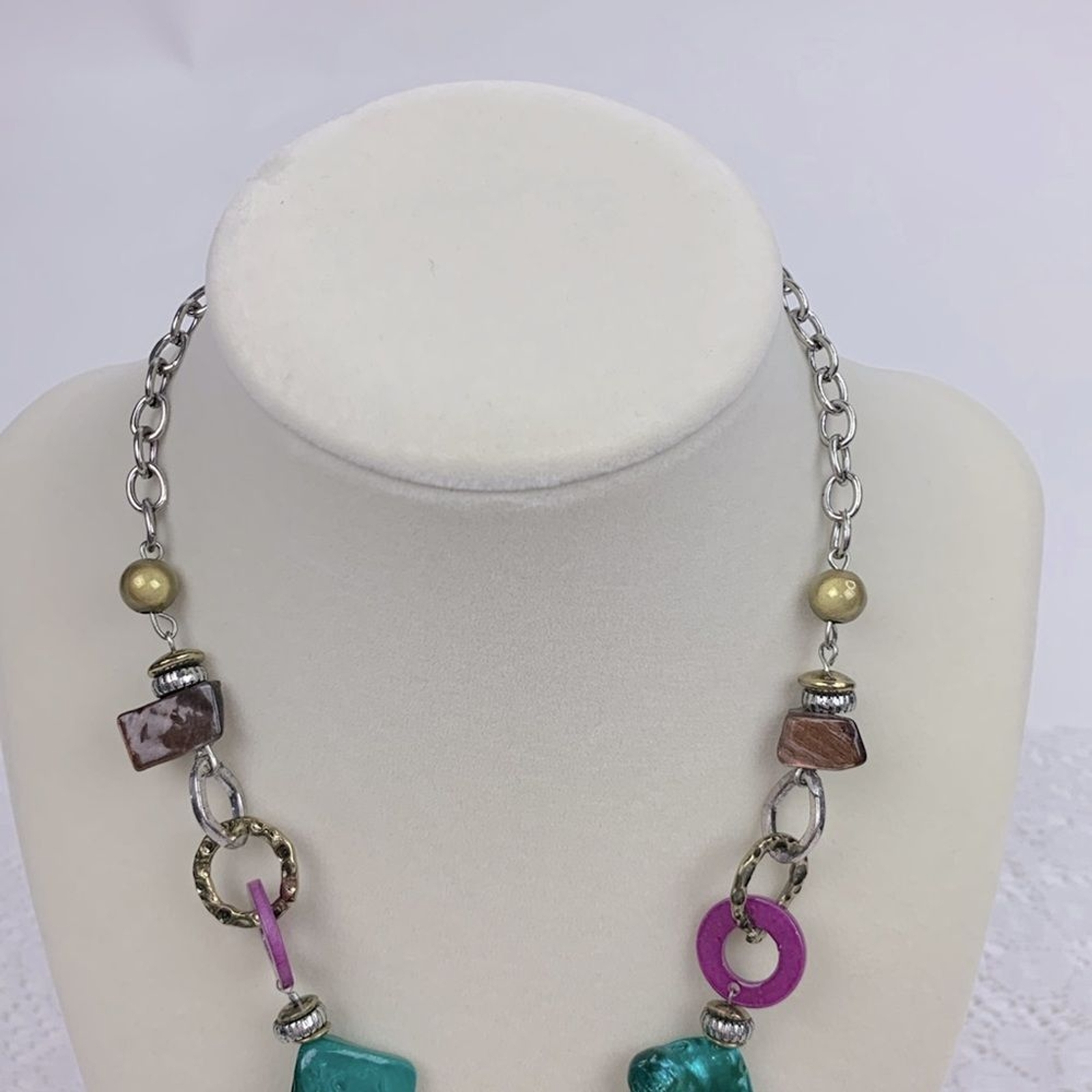 Statement Necklace Silver Chain Multicolor beads … - image 4