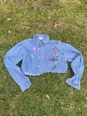 Universal Studios Cropped Denim Button-Up Cat in the Hat Embroidered Blue Top M