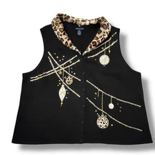 Westbound Christmas Sweater Vest Jewel Ornaments Black Size 2x Leopard Collar