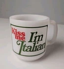 VTG Glasbake Kiss Me I'm Italian White Milk Glass 3.5" Cup Mug Heat Resistant