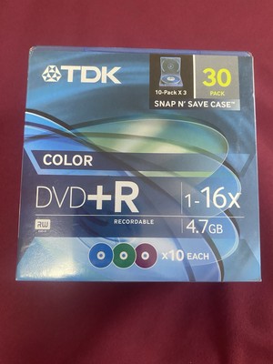 TDK DVD+R 4.7GB 16x Color 30 Pack New Snap N Save Case