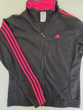 Adidas Womens Full Zip Track Jacket Black Pink 3 Stripe Mock Neck Size Large
