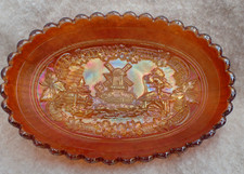 VINTAGE IMPERIAL GLASS COMPANY WINDMILL MARIGOLD CARNIVAL GLASS OVAL BOWL