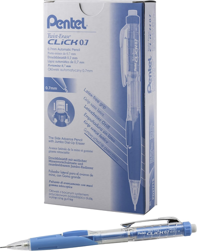 Twist-Erase CLICK Mechanical Pencil, (0.7Mm), CLEAR Barrel, Sky Blue Grip, 12 Pa