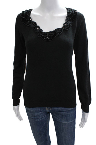Etro Women Pullover Sweater Black Round Neck Long Sleeve Size 42