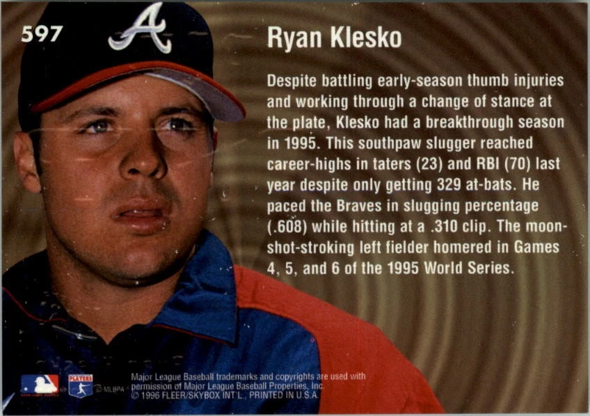 1996 Ultra Gold Medallion #597 Ryan Klesko RAW - BB - Image 2 of 2