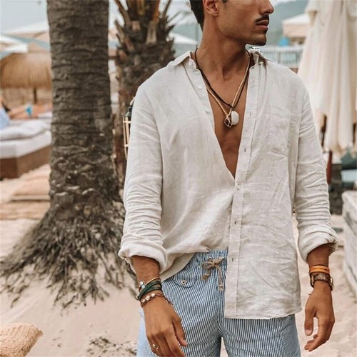 Camicie uomo cotone lino collo alto maniche lunghe camicie uomo - Foto 3 di 23