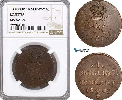 AG594-R, Norway, Frederik VI, 4 Skilling 1809, Rosettes, NGC MS62BN