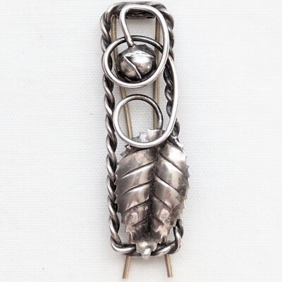 Antique Art DECO Silver Leaf Barrette Clip Elegant Silver Leaf Hair Clip – Vintage Filigree Metal Hair  main image 2