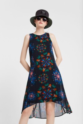 Desigual Galactic Print Dress Kaleidoscope Graphic Hi Low Hem Sz 36 US 2 XS/S