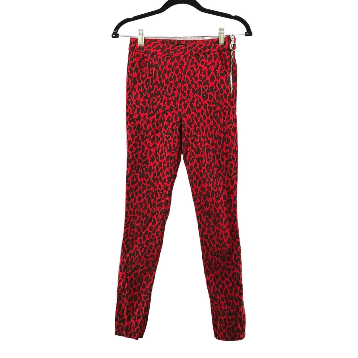 Zara Leopard Print Red Skinny Pants Womens XS High Rise Side Zip