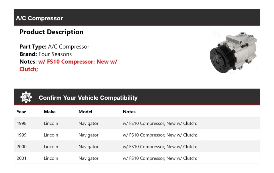 Compresor de aire acondicionado Lincoln Navigator 1998-2001 4 estaciones 1999 2000 Foto 2 de 4