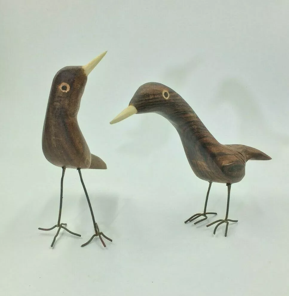 2 Vintage Hand Carved Wood Bird Folk Art Bone Beak W/Wire Legs