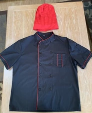 Short Sleeve Chef Coat Unisex Size XL TopTie Black With Red Stripe + Hibachi Hat