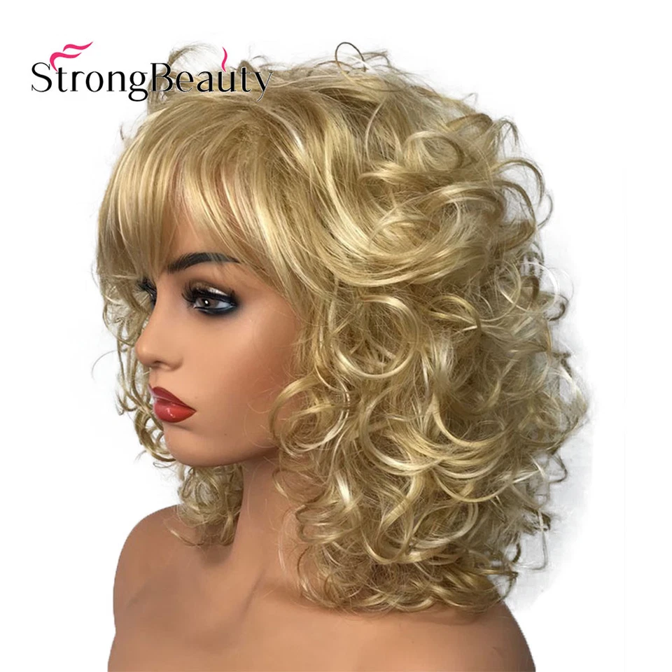 Fashion Short Fluffy Curly Hairstyle Blonde Color Synthetic Hair Wigs With Bangs - Image 2 of 3