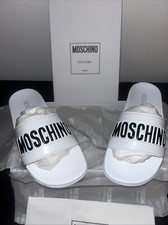 Authentic MOSCHINO Womens Size 37/US 7 White W/ BlackLogo Pool Slide Sandals NEW