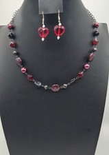 Red  Black 10" Necklace And Red Heart Hook Earrings Set