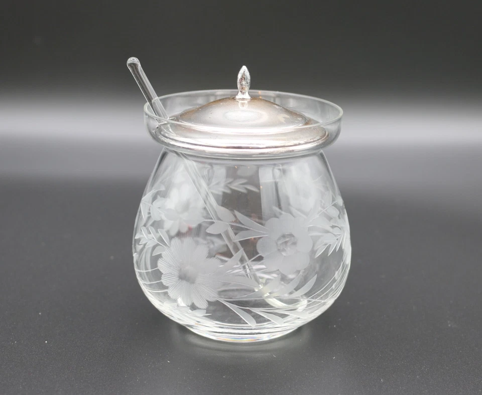 Vintage Watson Etched Crystal Glass Marmalade/Jam Jar w/ Sterling Silver Lid - Image 3 of 4