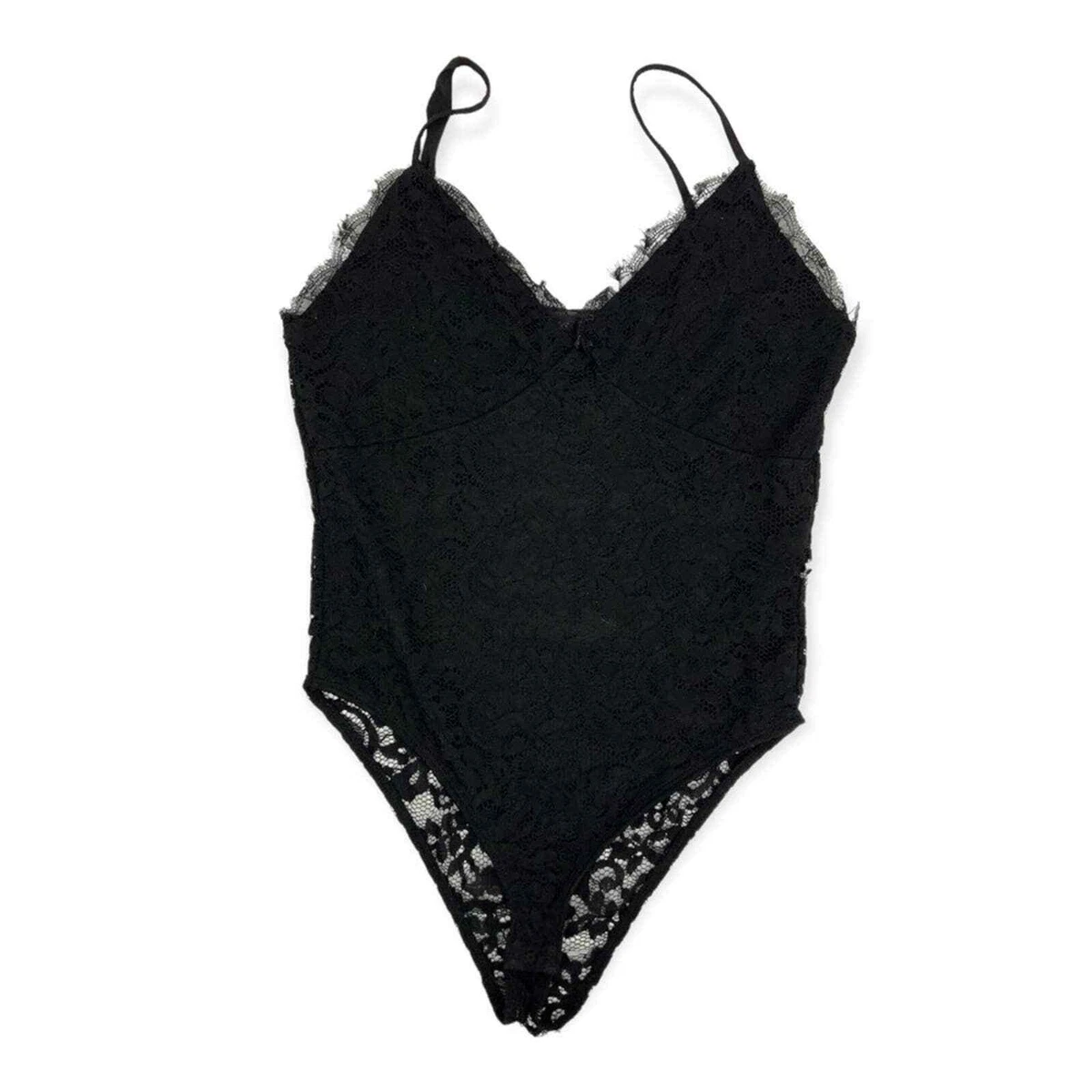 Primark Black Lace Eyelash Fringe Snap Crotch Teddy Bodysuit Size Small