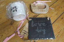LOVE MY DOG Holz Bilderrahmen Porzellan Tasse und Schiefer Untersetzer NEU