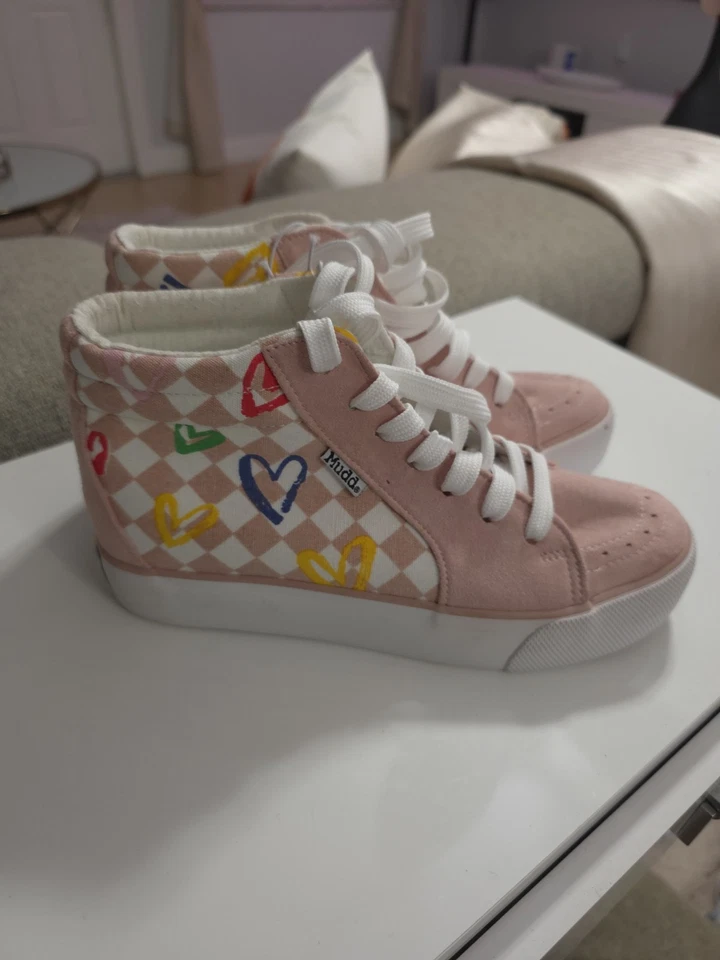 Zapatillas Mudd Tops Altos Niña Talla 4 Y Talla 7 Corazón Cuadros "Amapola" Rosa Foto 3 de 4