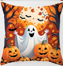 HALLOWEEN HAPPY GHOST & BATS---Pillow Cover--17.7 x17.7" with zipper