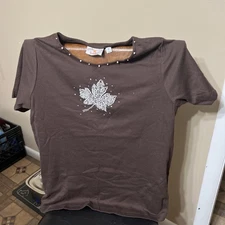 Quacker Factory Beaded Rhinestone Leaf Top Brown Medium NWT