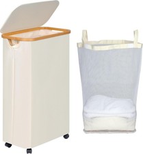 Beige Slim Laundry Basket with Wheels, 75L Hamper with Lid & Removable Liner