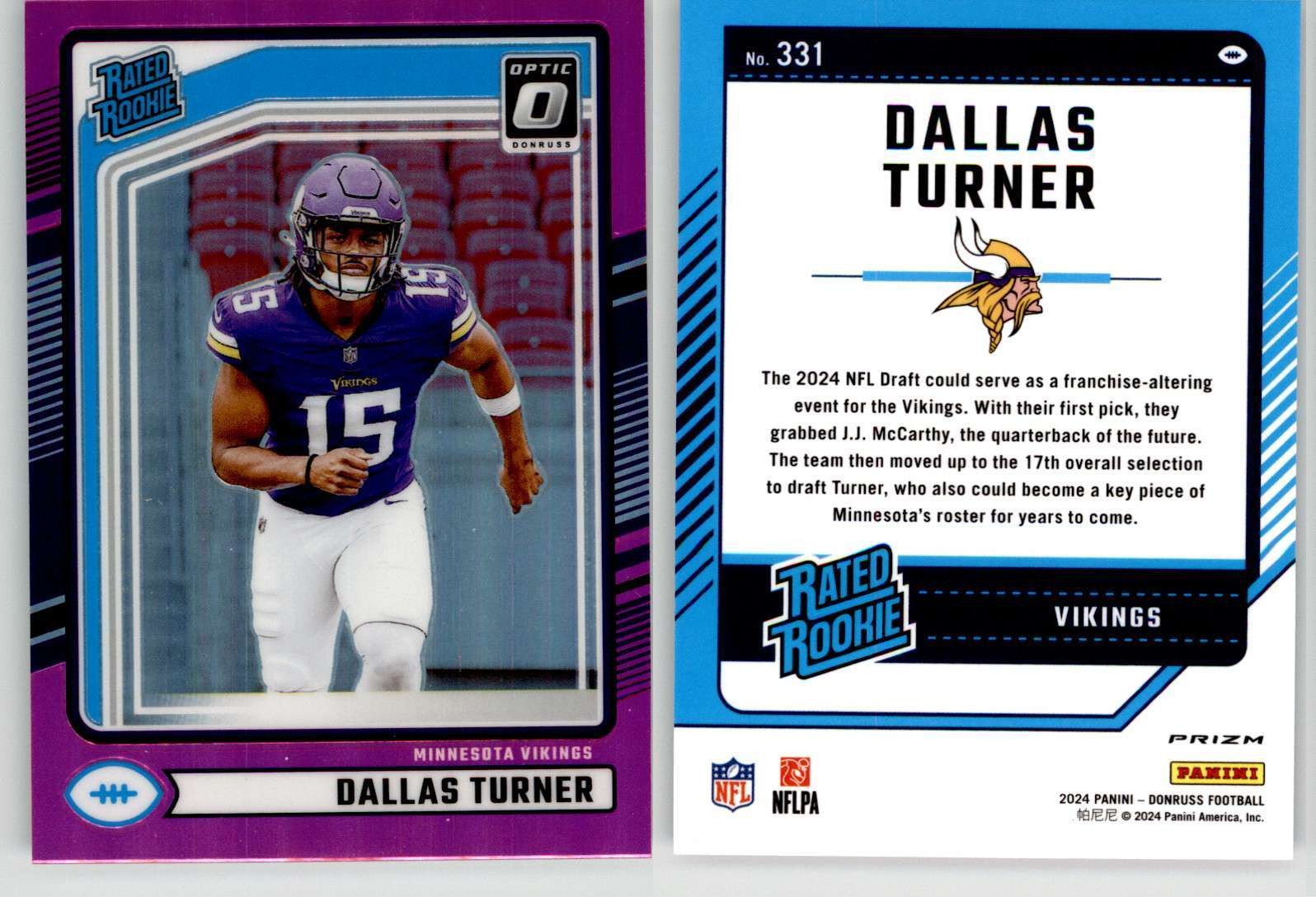 Dallas Turner 2024 Donruss Optic Preview Pink #331 Alabama Vikings RC
