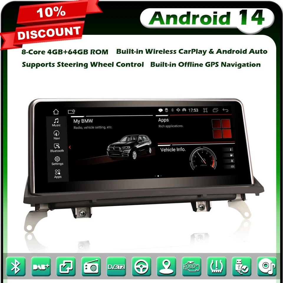 ERISIN 8-Core 10.25" CarPlay Android 14.0 Autoradio BMW X5 E70 X6 E71 CCC IPS 64GO WiFi