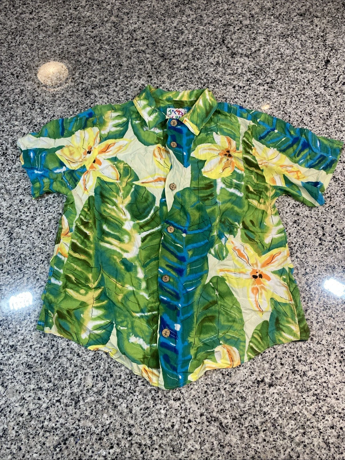 Jams World Wood Button Crinkle Camp Shirt Floral Hawaiian Print Size Medium