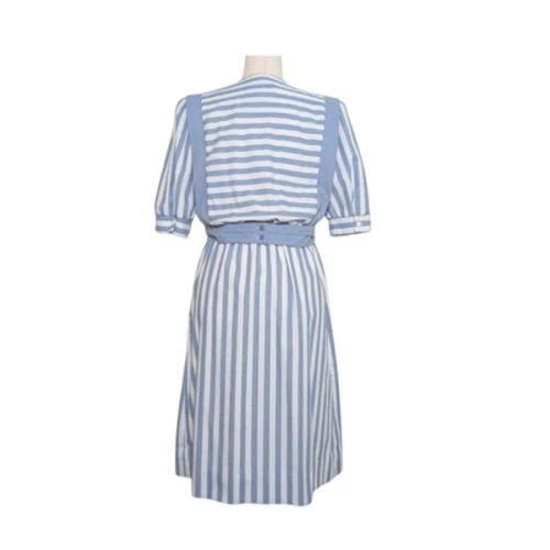 Periwinkle Striped Blue White Dress Women's 8 Vintage 80s Puff Sleeve Twee - Image 4 of 4